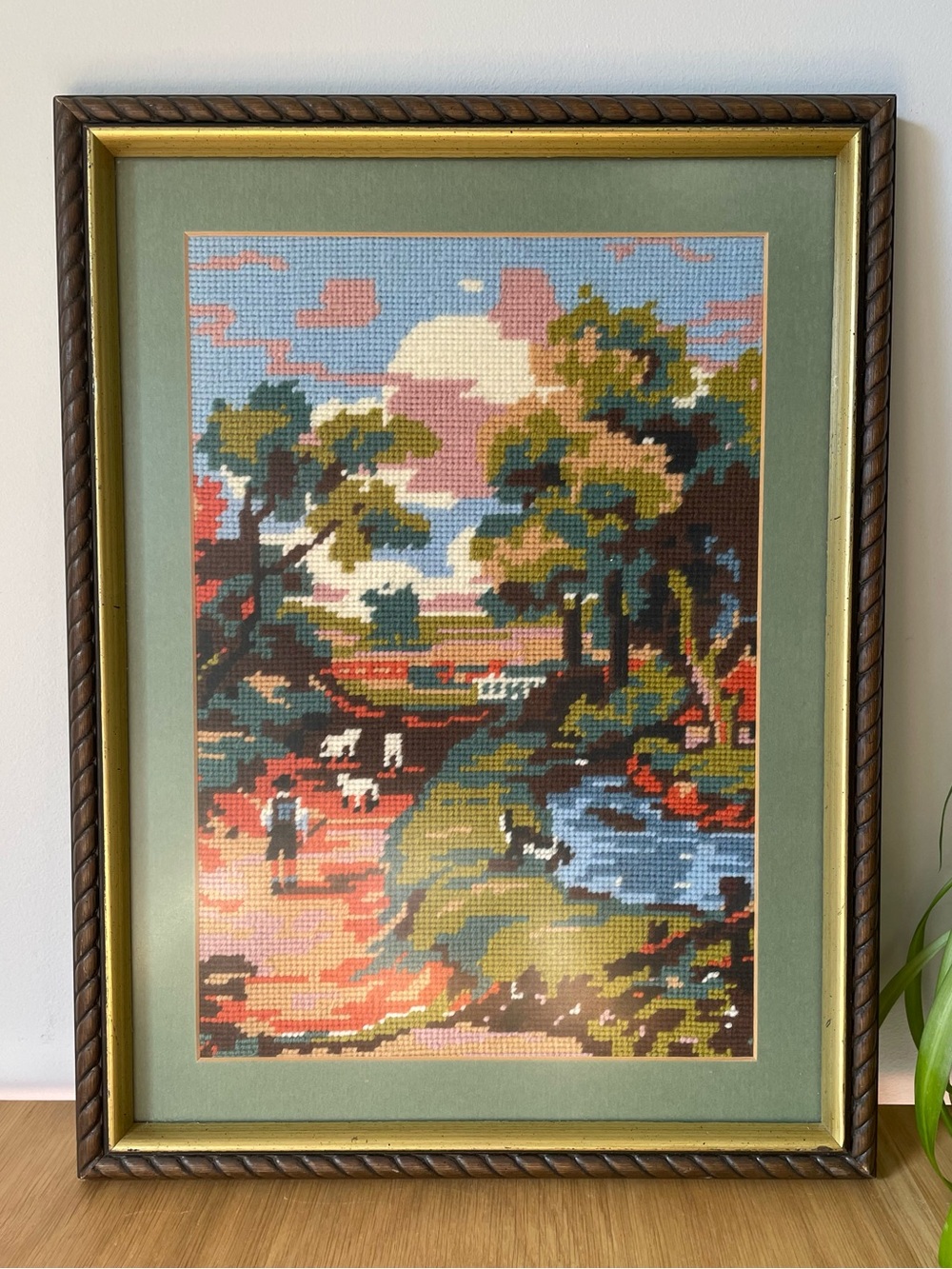 Vintage Framed European Pastoral Needlepoint Tapestry Wall Art 12.5” x 16.5